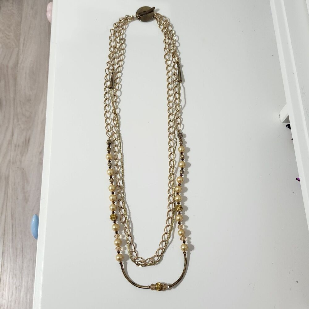 Gold Tone Long Round Beaded Chain Toggle Cord Rhinestone Layered Necklace